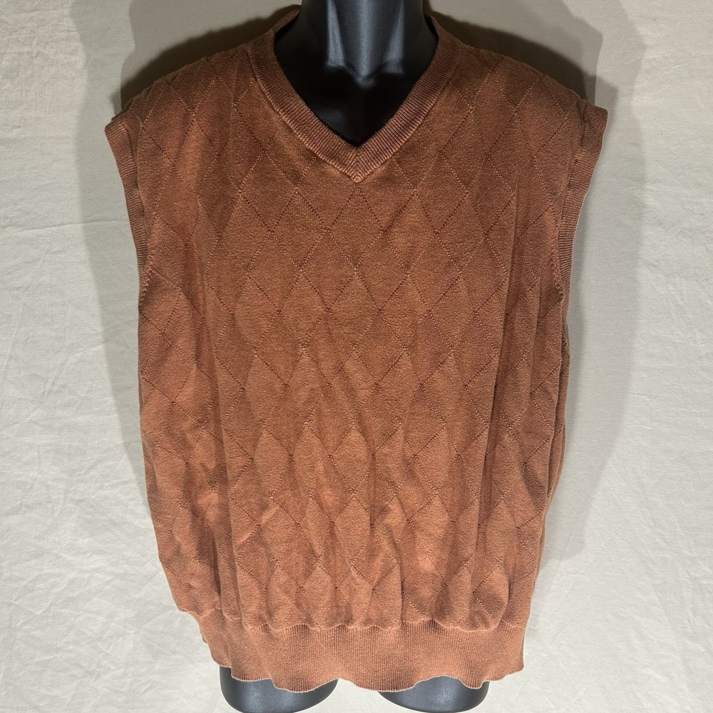 Saddlebred Mens XL V-Neck Sweater Vest Brown Cotton Diamond Knit Pullover